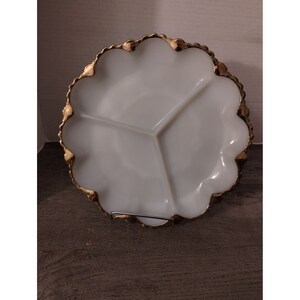 Fire King Anchor Hocking Divided Dish Relish Tray White Milk Glass Gold Trim