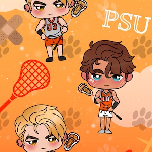 May include: Three cartoon characters wearing orange and white lacrosse uniforms with the number 03 and 10 on their jerseys. The characters are holding lacrosse sticks and are standing on an orange background with paw prints. The text "PSU" is in the upper right corner of the image.