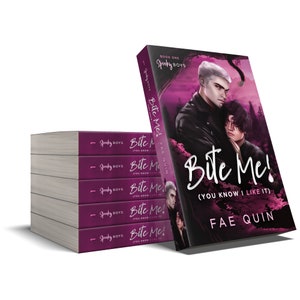 May include: A stack of five paperback books with a purple cover and the title "Bite Me! (You Know I Like It)" by  Fae Quin. The book is part of the Spooky Boys series.