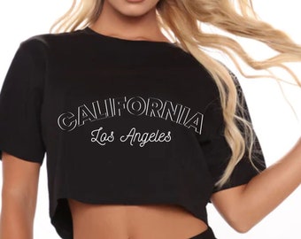 Camiseta Champion recortada com gola redonda, blusa cropped Califórnia Los Angeles, blusa cropped verão Califórnia, camisa feminina da Califórnia, linda camiseta Los Angeles