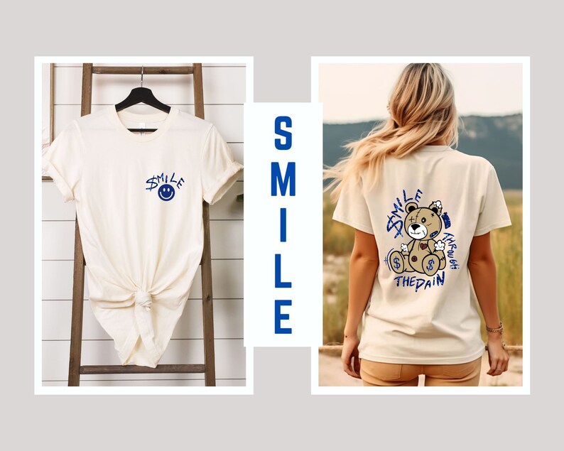 Puede incluir: Dos camisetas blancas con dise&ntilde;os diferentes. La primera camiseta tiene una cara sonriente azul con la palabra "smile" escrita encima. La segunda camiseta tiene un oso de dibujos animados con las palabras "Smile Through The Pain" escritas alrededor.