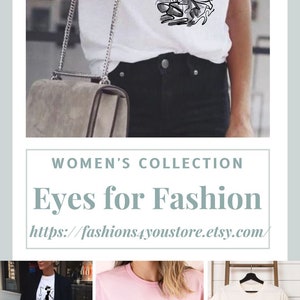 May include: Three t-shirts with a graphic design of a woman wearing sunglasses and a dress with the text "FASHION ONLY HAVE EYES FOR". The t-shirts are white, pink, and beige.