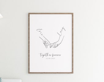 Presente de casamento personalizado, pôster de amor individual, pôster de mãos dadas com nome, data e título, pôster de amor, download digital