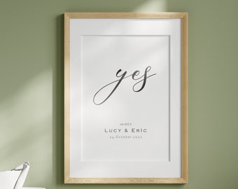 Cartaz personalizado SIM, cartaz "Sim, nós conseguimos", cartaz personalizado, cartaz de casamento com nome, data e título, download digital