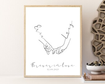 Presente de casamento personalizado, pôster de amor individual, pôster de mãos dadas com nome, data e título, pôster de amor, download digital