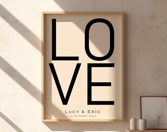 Cartaz com AMOR, nome e data, cartaz personalizado para casal, cartaz individual de AMOR, cartaz de amor, presente de casamento, download digital
