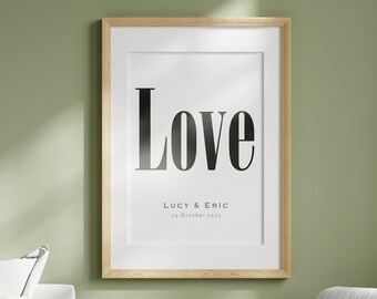 Cartaz de amor, cartaz com AMOR, nome e data, cartaz de casal personalizado, cartaz de AMOR individual, presente de casamento, download digital
