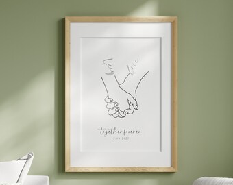 Pôster de amor personalizado, pôster de mãos dadas, pôster personalizado, presente de casamento com nome, data e título, download digital