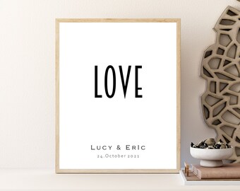 Cartaz de amor, cartaz com AMOR, nome e data, cartaz de casal personalizado, cartaz de AMOR individual, presente de casamento, download digital