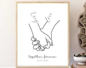 Pôster de amor personalizado, pôster de mãos dadas, pôster personalizado, presente de casamento com nome, data e título, download digital