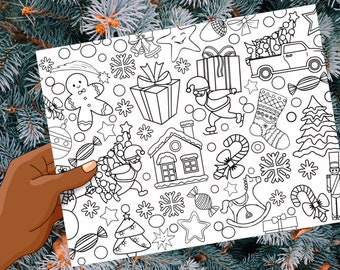 Jogo americano de Natal imprimível para colorir, arquivo digital, para festa de Natal e jantar de Natal, tapete de atividades, passatempo infantil