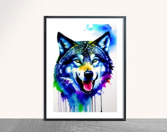 Watercolor Wolf PRINTABLE ART | Digital Download | Animal Poster | Nursery Gift | Home Decor | Animal Painting | Colorful Illustration