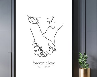 Pôster de amor personalizado, pôster de mãos dadas, pôster personalizado, presente de casamento com nome, data e título, download digital