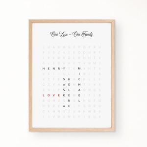 Póster familiar personalizado, póster de búsqueda de letras, crucigrama, póster de amigos personalizado, imagen de búsqueda de palabras, descarga digital