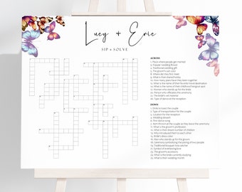 personalized crossword puzzle game, custom wedding crossword puzzle, butterfly themes, wedding crossword puzzle