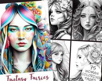Libro para colorear de hadas de fantasía | Páginas para colorear imprimibles para adultos | Libro de ilustraciones en escala de grises | Páginas para colorear realistas en escala de grises