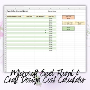 May include: A Microsoft Excel spreadsheet template for calculating floral and craft design costs. The spreadsheet includes columns for event name, ingredient name, base cost, quantity needed, final cost, total cost, pricing structure, and charge amount.