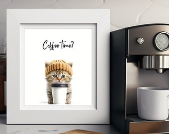 Cat art print, Coffee lover, cat lover gift, Animal print, Cat portrait, Kitten wall art, Kitten print, Gift for cat lover, Digital wall art