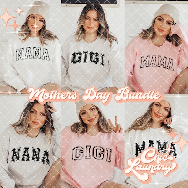 Mothers Day PNG Digital Download Bundle, 6 PNGs Solid And Hollow Varsity Font Mama Gigi Nana, Retro Boho 90s Vintage Y2K Sublimation POD DTF