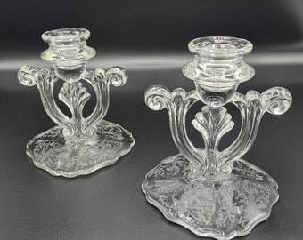 Pair of Vintage Imperial Glass Vesta Etched Candlestick Holders