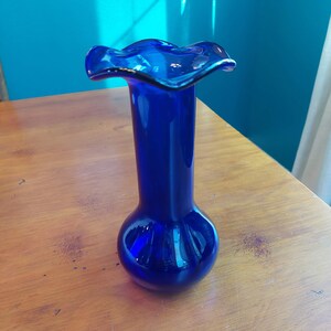 Vintage Cobalt Blue Ruffled Glass Vase Gorgeous and Elegant with Bulb Base and Long Neck