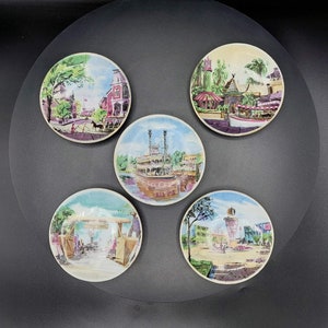 Disneyland Miniature Porcelain Souvenir Plates Circa 1950s Vintage Set of 5 VERY RARE