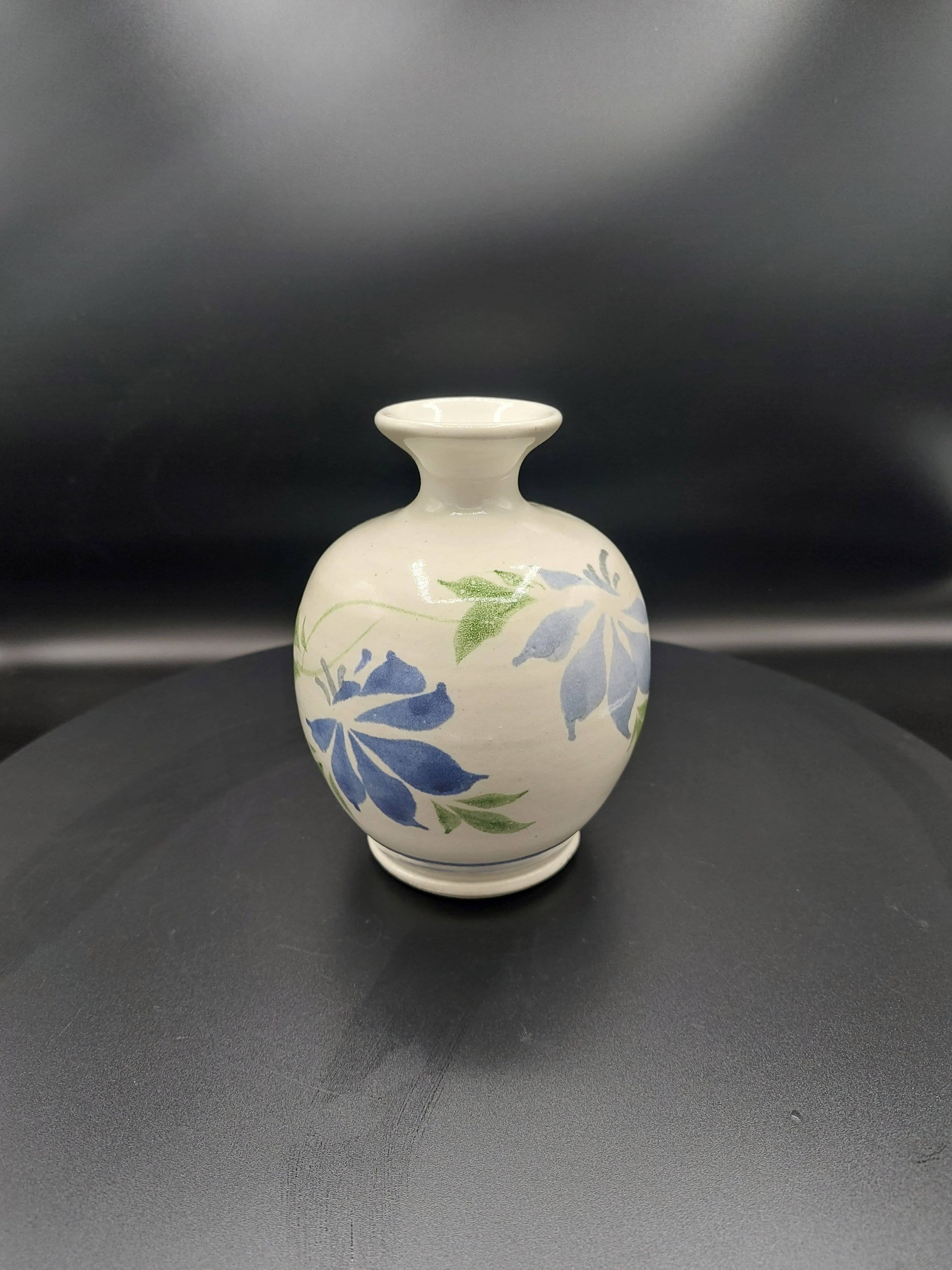 Vintage Hand Thrown Hand Painted Pottery Vase With Blue Flowers and ...