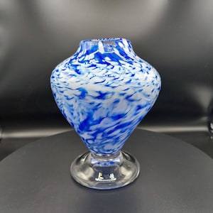 Vintage Hand Blown Blue and White Art Glass Vase with Clear Pedestal