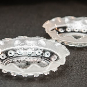 Pair of Vintage Bagley Glass Catherine Pattern Frosted Clear Ruffled Pressed Glass Bon-Bon Bowl Made in England