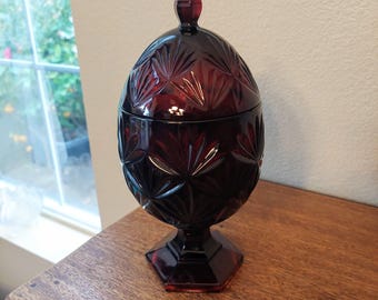 Vintage Ruby Red Glass Covered Pedestal Candy Dish Egg Shaped Cristal D'Arques Durand Luminarc