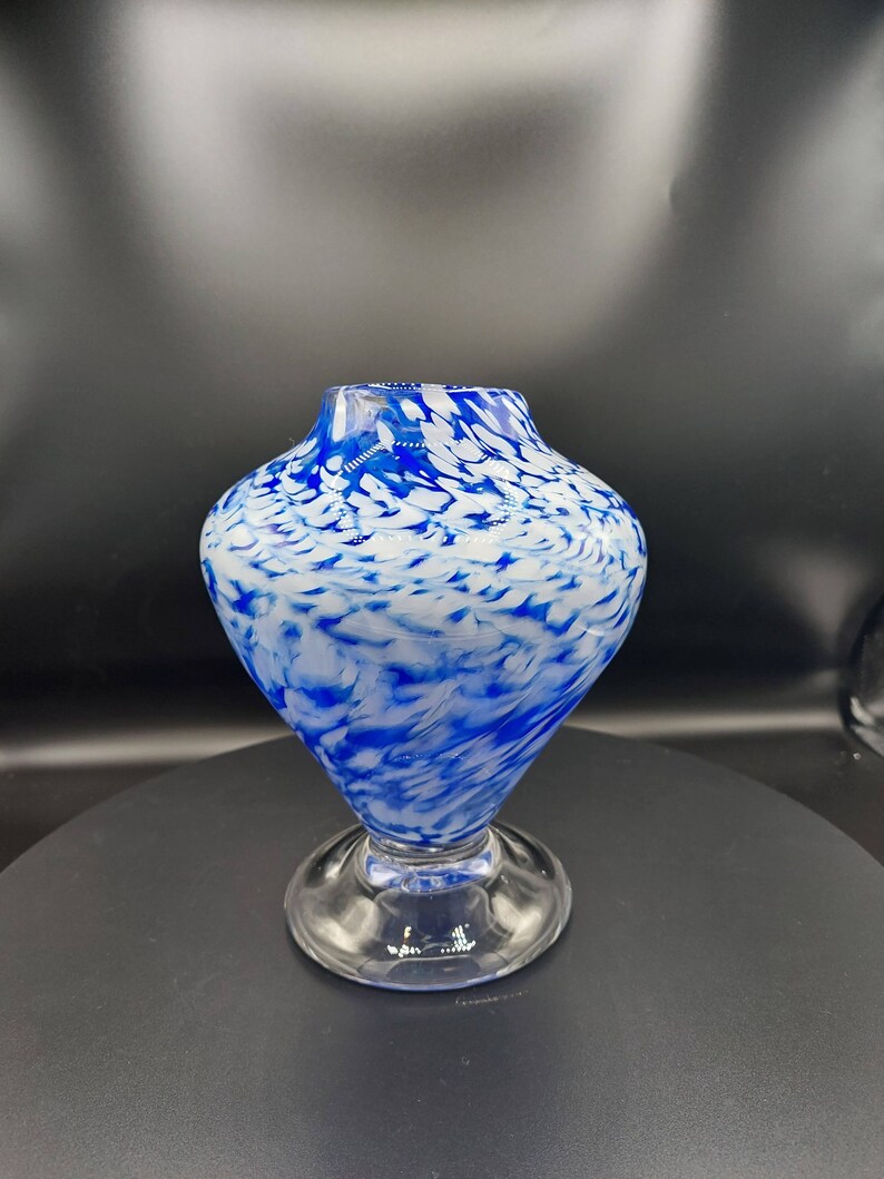Vintage Hand Blown Blue and White Art Glass Vase With Clear Pedestal Etsy