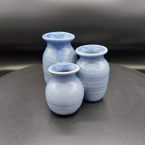 Vintage Signed Foxlo Hand Thrown Studio Pottery Tiered Triple Vase in Blue