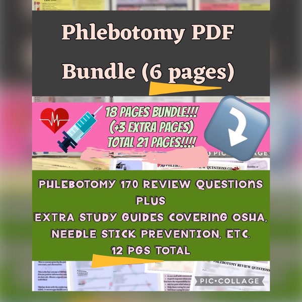 Phlebotomy PDF Study Pack 18 Pages Bundle (Include 6 pgs Bundle, 12 pgs Review Questions, and 3 Extra pages!!!)