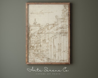 May include: A vintage black and white line drawing of a street scene in Venice, Italy. The drawing is framed in a light brown wood frame. The text "Arte Serene Co. Vintage Art Prints" is printed below the frame.