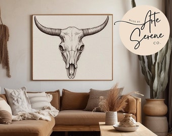 VINTAGE Southwestern Wall Art Cattle Skull Sketch Art, Southwestern Living Room Wall Art, Western Art Print, Digital Download Western Prints