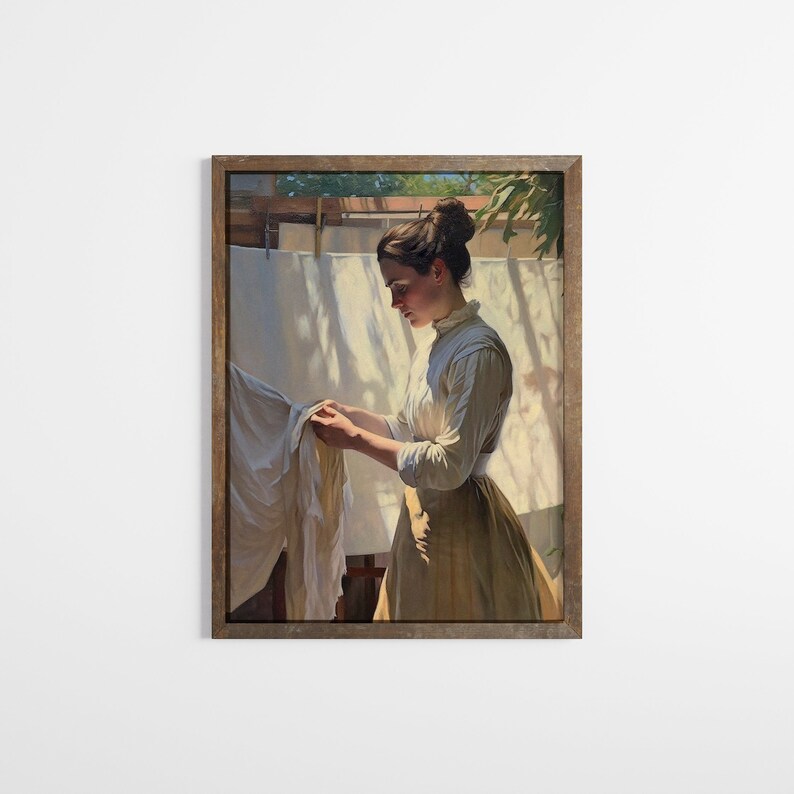 May include: A painting of a woman in a white shirt and a long yellow skirt, standing in front of a clothesline with white sheets hanging on it. The woman is holding a sheet in her hands and looking down at it. The painting is set in a sunny outdoor setting.