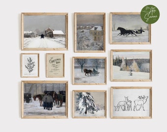 Lot de 10 oeuvres d'art de Noël VINTAGE, ensemble d'art mural de Noël ferme neutre, ensemble d'impression d'art hiver téléchargement numérique, décoration d'intérieur hiver