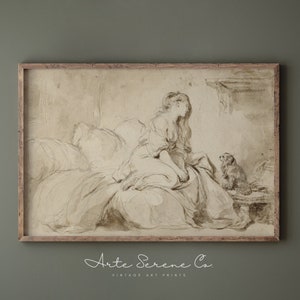 VINTAGE Sketch Art Print PRINTABLE Wall Art, Woman and Dog Antique Sketch, Vintage Farmhouse Art Print, Dog Art, Digital Art Print