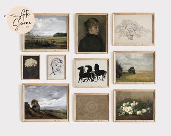 May include: A gallery wall featuring 10 framed prints, showcasing landscapes, portraits, and abstract art. The frames are all wooden and have a light brown finish.
