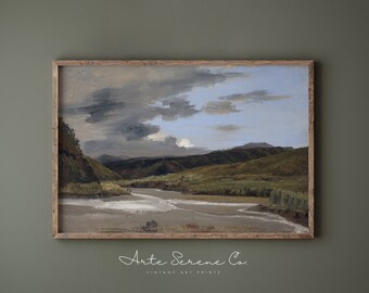 DRUCKBARER Landschaftskunstdruck, Vintage-Ölgemälde, digitaler Download, druckbare Wandkunst, großes Landschaftsgemälde, Cottage-Landschaftsgemälde