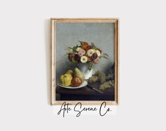 May include: A framed painting of a still life with a bouquet of flowers in a white vase, pears, apples, and grapes on a wooden table.