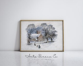 Stampa artistica di paesaggio invernale neutro, arte murale invernale in stile fattoria, decorazioni invernali vintage, stampabile arte murale invernale, stampa artistica natalizia neutra