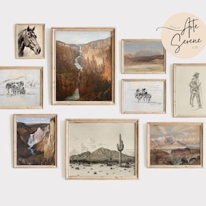 VINTAGE Southwestern Gallery Wall SET of 9 Western Cowboy Digital Art Prints Rustic Country Printable Wall Art Set Western Neutral Prints