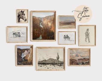 VINTAGE Southwestern Gallery Wall SET of 9 Western Cowboy Digital Art Prints Rustic Country Printable Wall Art Set Western Neutral Prints