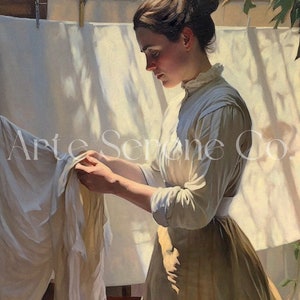 May include: A woman in a white blouse and a long brown skirt is hanging laundry on a clothesline. The laundry is white and the woman is looking down at the clothes. The scene is lit by sunlight streaming through a window.