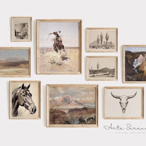 VINTAGE Western Gallery Wall SET of 9 Southwestern Digital Art Prints Rustic Country Printable Wall Art Set Western Neutral Prints