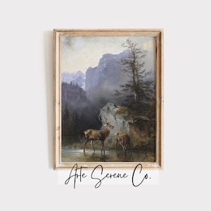 Printable Wall Art Rustic Landscape Art Print Digital Download Art Prints Mountain Landscape Painting Deer Art Print Rustic Boys Room Prints