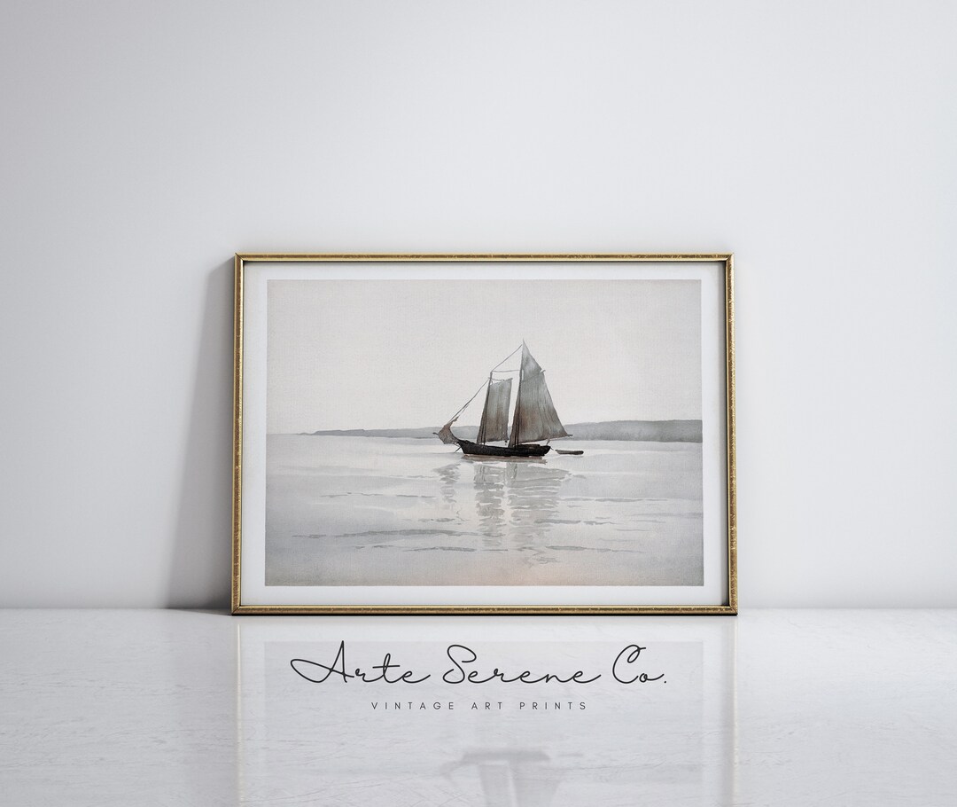 Vintage Coastal Watercolor Print Sailboat Wall Art Bordered Art Print ...