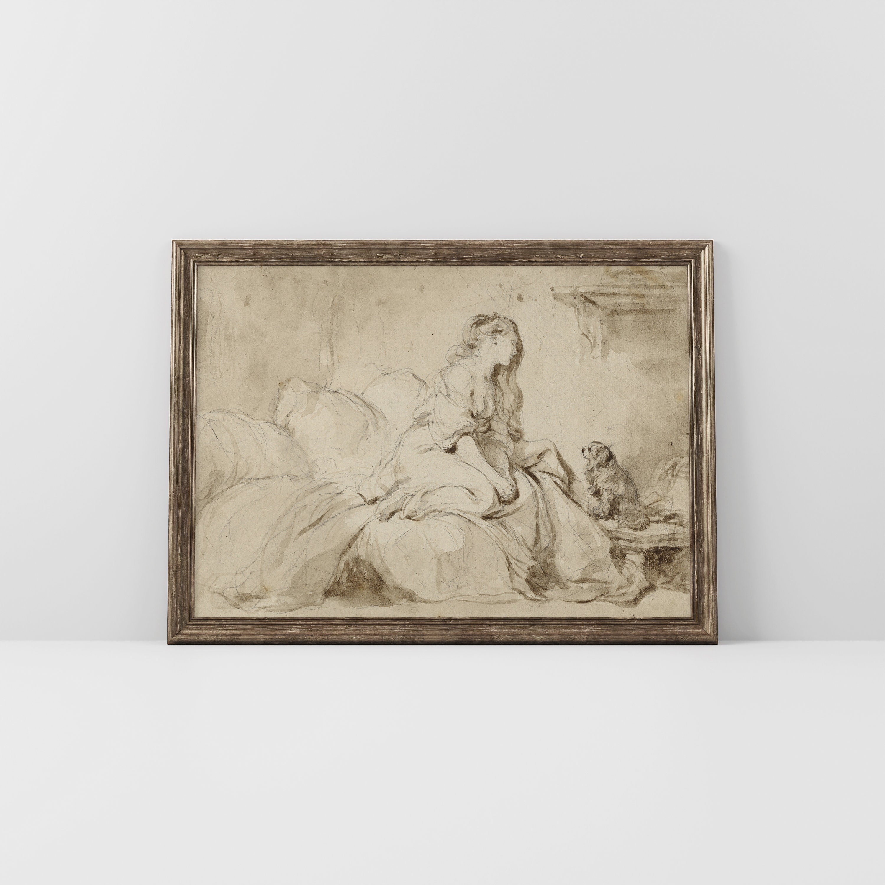VINTAGE Sketch Art Print PRINTABLE Wall Art, Woman and Dog Antique ...