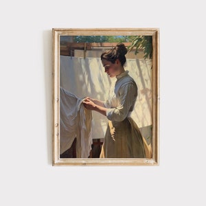 May include: A painting of a woman in a white dress and a yellow skirt, standing in a sunlit room, hanging laundry on a clothesline.